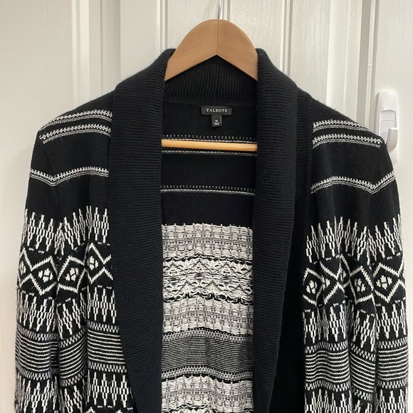 TALBOTS lambswool blend black and white Aztec print open front cardigan.  M - Picture 2 of 6
